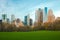 Sheep Meadow at Central Park and Midtown skyline in NYC