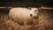 Sheep Rests On Bed Of Straw In Barn