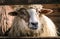 Sheep in the stall of a wooden barn. Farm in Scotland