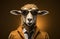 Sheep with sunglasses wearing suit and tie on solid green background. Generative AI