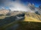 Sheep under three peaks Aiguilles d\'Arves in French Alps, France.