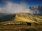 Sheep under three peaks Aiguilles d\'Arves in French Alps, France.