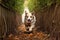 sheepdog in action, chasing sheep through a narrow passage