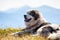 Sheepdog lying against blue mountains.