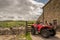 Sheepdog watching sheep on quad bike