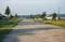 Sheeps going on a dirt road in the russian village