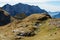 Sheeps grazing on Mangart saddle in Slovenia in Autumn