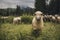 Sheeps group and lambs on a meadow with green grass