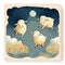 Sheeps jumping over the moon. Children watercolor illustration, poster.