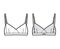 Sheer Bralette lingerie technical fashion illustration with adjustable shoulder straps, hook-and-eye closure. Flat