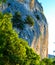 Sheer cliff seen on a trip along a mountain road with trees growing on it