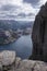 sheer cliff about touristic path along a steep mountain to the Rock Preikestolen over lysefjord