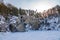 Sheer cliffs and rocks around the Talc quarry in winter in Russia in the town of Sysert, near Yekaterinburg