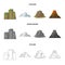Sheer cliffs, a volcanic eruption, a mountain with a beach, a glacier. Different mountains set collection icons in