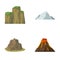 Sheer cliffs, a volcanic eruption, a mountain with a beach, a glacier. Different mountains set collection icons in