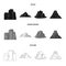 Sheer cliffs, a volcanic eruption, a mountain with a beach, a glacier. Different mountains set collection icons in black