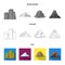 Sheer cliffs, a volcanic eruption, a mountain with a beach, a glacier. Different mountains set collection icons in flat