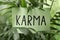 Sheet of paper with word Karma in green leaves, closeup