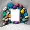 Sheet of papper background mockup, colorful pebble nestled in a pile of sand AI generation.