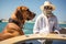 sheikh with his dog resting on a yacht in sea generative ai