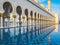 Sheikh Zayed Grand Mosque hallway corridor during sunset, in Abu Dhabi, United Arab Emirates