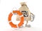 Shekel money bag character holding life buoy isolated on white background