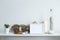 Shelf against white wall with decorative candle, glass, wood and rocks. Home plant in pot