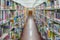 shelf with books in the library background. the image was blurred for use as a background.