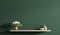 Shelf with bouquet of white roses in copper vase over dark green wall 3d rendering