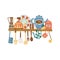 Shelf with ceramic tableware and hanging kitchen tools flat cartoon style