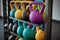 shelf with colorful fitness dumbbells, healthy sport lifestyle Generative AI