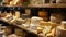 A shelf filled with different types of cheese and other food items, AI