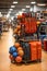 A shelf filled with lots of different types of sports equipment in sports big store