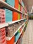 Shelf full of plastic basket and steel pot