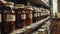 A shelf lined with jars of homemade jams and jellies with handwritten labels and a rustic country feel