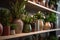 Shelf with many different houseplants in store
