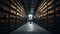 Shelf in a row, vanishing point inside warehouse generated by AI