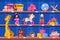 Shelf with toys. Nursery room shelf with colorful wooden train, horse, rocket helicopter ship and bricks. Kindergarten