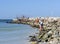 Shell hunters and fishermen on a rocky jetty.