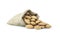 Shelled Almonds in burlap sack on white backdrop. heap or stack of almonds. Almond background, healty food for liver and diabetes,