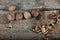 Shelled nuts on a wooden background