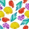 shells,clams, bright, colorful children\\\'s red, blue, yellow,lilac of different shapes, fan and spiral summer print