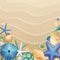 Shells and starfishes on sand background