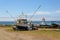 SHELTER COVE, CALIFORNIA, USA - JUNE 10. Lighthouse and hauled o