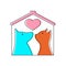 Shelter logo or vet clinic pet logo with dog and cat, heart and house. Pink vector clipart and drawing. Design template.