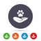 Shelter pets sign icon. Hand holds paw symbol.