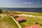 Shelters at lake Michigan shore in Manistee, Michigan