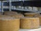 Shelves with aged cheeses. Cheese row