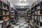 Shelves with books in a large store. Blur