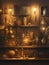 shelves cluttered with mysterious antique objects jars and pictures illuminated by a dim glowing lamp.